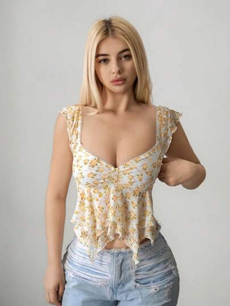 Sweetina Summer Going Out Yellow Cute Babydoll Women Beach Vacation Hawaiian Floral Print Mesh Tank Top, Stylish For Summer