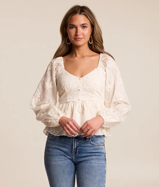 Small Cream Floral Applique Peplum Top