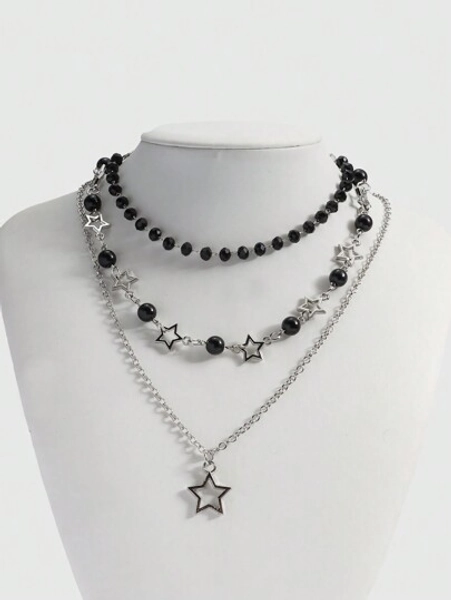 ROMWE Goth 3pcs Fall Gothic Y2K Style Star Beaded Pendant Necklace, Suitable For Daily, Festival, Party, School, Commuting Wear, Exquisite Holiday Gift For Teenage Girls, Halloween