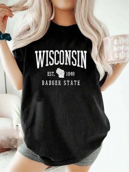 Wisconsin Badger State Est Women Graphic T-Shirt Cotton Print Tshirt, Short Sleeve Casual Top, Summer Tee Womens Tops