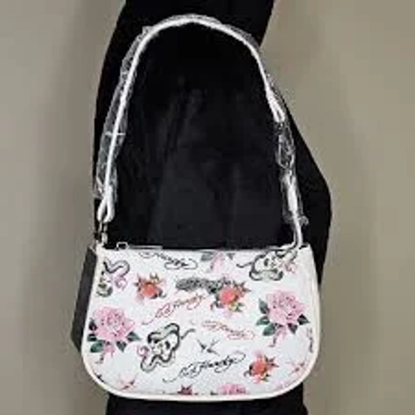 NWT Ed Hardy Tattoo-Styled White Mini Shoulder Bag Skulls, Roses, Hearts