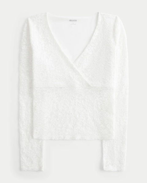 Lace Long-Sleeve Wrap-Front Top