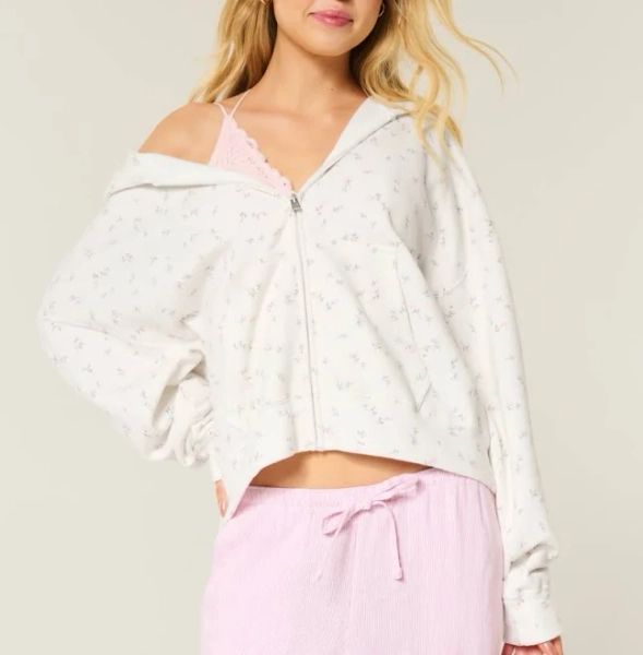 Women's Oversized Floral Pattern Zip-Up Hoodie