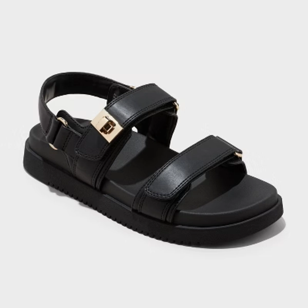 Women's Jonie Footbed Sandals - A New Day™ Black 8: Open Toe, Faux Leather, Hook and Loop Closure