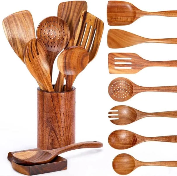 Wudkey 9-Piece Natural Teak Wooden Kitchen Utensil Set