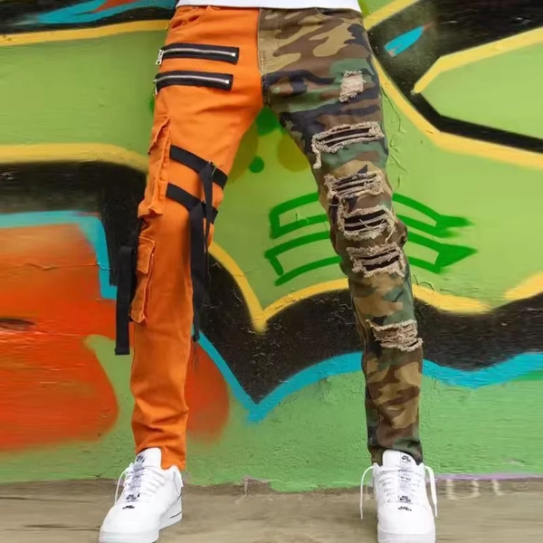 Men's Ripped Camouflage Jeans, Color Block, Slim-fit, Straight-Leg Overalls, Spring Fashion - AliExpress 200000343