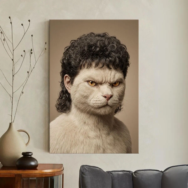 Funny Cat With Mullet Canvas Print, Weird Animal Portrait Wall Art, Quirky Humor Decor, Bizarre Surreal Cat Painting, Anthropomorphic