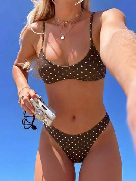 Swim Mod Elegant Vacation Bohemian Navy Blue & White Polka Dot Adjustable Strap V-Neck Sexy Bikini Set