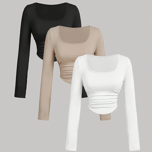 DP013010 3pcs Women's Pleated Casual Square Neck Long Sleeve T-Shirt Set