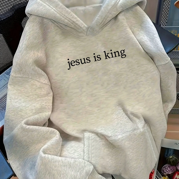 D92 - Women's Hooded Sweatshirt, "Jesus Is King", Trendy Creative Christian Faith Letter Graphic Print, Beautiful Fashionable Loose-Fit Autumn/Winter New Versatile Casual Swear, Women's Apparel, Top Only/No Bottoms - QHH3959