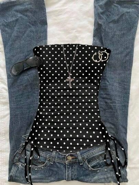 Comfortcana Women's Casual Minimalist Y2K Black & White Polka Dot Print Ruched Tie Front Crop Top Goth Suitable For Going Out,Wrap Top