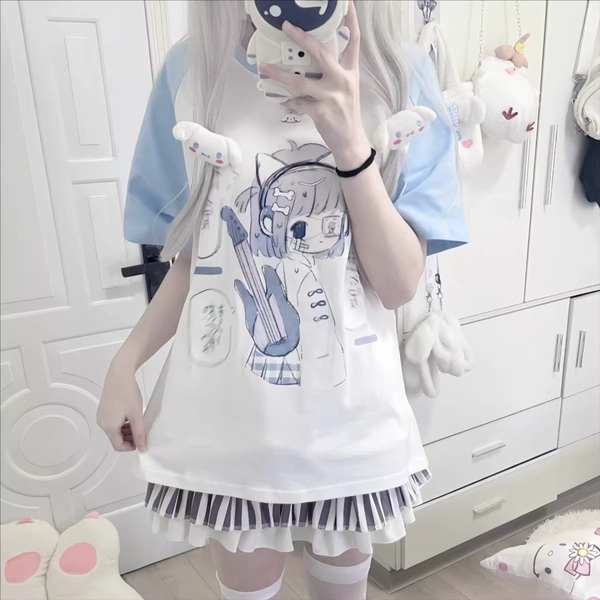 Girls Tees Popular Japanese Harajuku Cute Summer 2024 New Bule Subculture Short-sleeved T-shirt Pulovers Women Short Tops - AliExpress 200000345