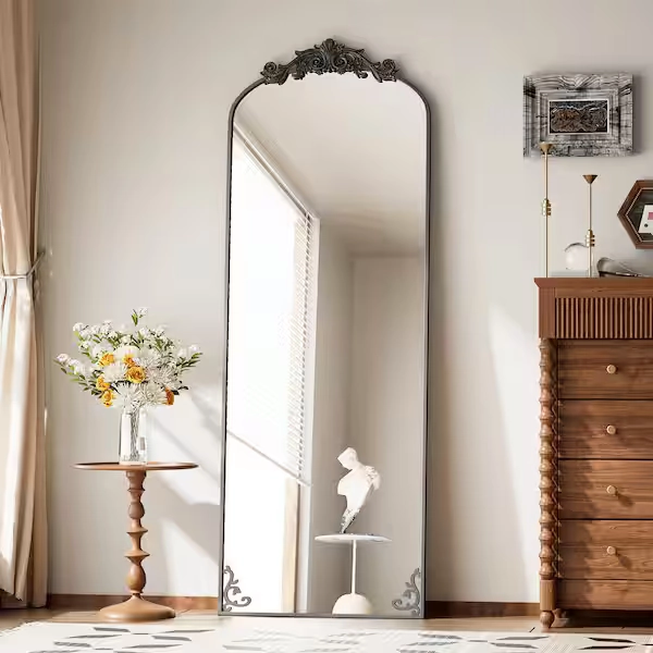 XRAMFY 21 in. W x 64 in. H Arched Black Metal Framed with Carved Decoration Full Length Mirror FMHTJHAC2164BK