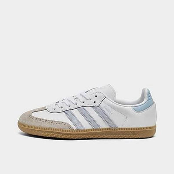 adidas Big Kids Originals Samba OG Casual Shoes in White/Crystal Sky/Gum Size: 5.0