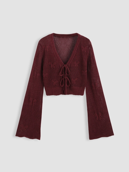 Solid Hollow Out Knit Knotted Cardigan
