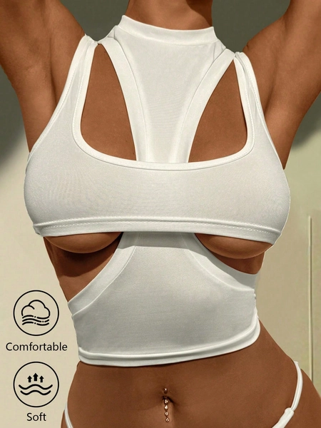 INAWLY Solva Women's White Asymmetrical Hollow Out Tank Top Summer T-Shirt Vest Blouse Streetwear Festivals Casual Vacation Sexy Fashionable Y2K Club Night