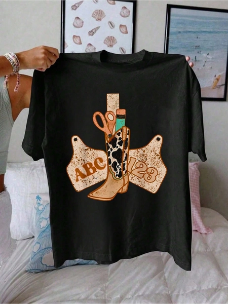 100% Cotton ABC 123 Western Cowgirl Teacher Back To School Teacher Kids T-Shirt