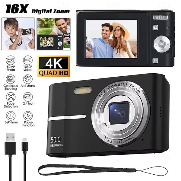 4K Digital Camera 50MP 16X Digital Zoom Camera 2.4-inch IPS Screen Face Detection Flash Camera Motion Detection Timer Camera 2025 - $63.47