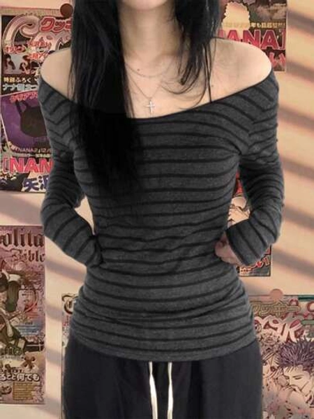 Women Y2k Vintage Off The Shoulder Tees Tops Fairy Grunge Striped Long Sleeve Boat Neck Casual Slim Fit T-Shirt Fall Spring Basic Tops Retro Streetwear Aesthetic Clothes