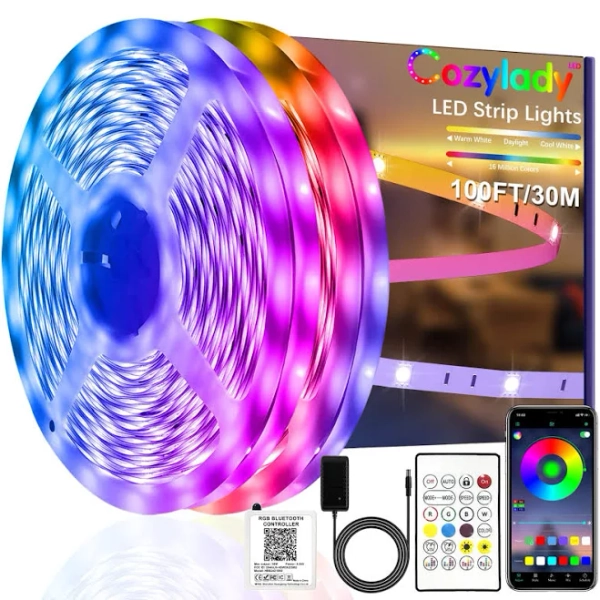 Bluetooth LED Strip Lights 30m, Cozylady 100ft LED RGB LED Light Strips Music Sync Color Changing APP Control Flexible String Lights for Home