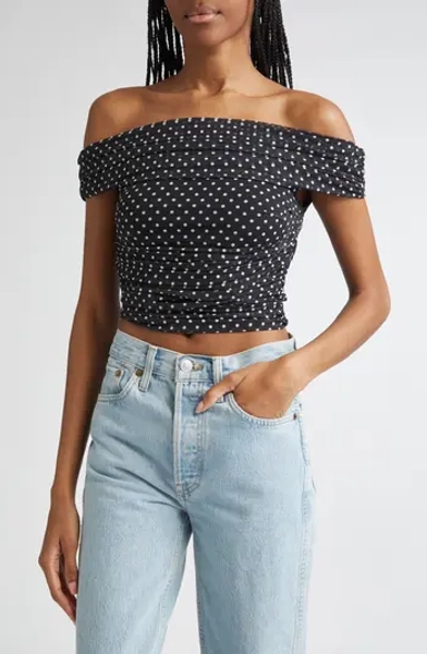Isadola Polka Dot Ruched Off the Shoulder Mesh Crop Top