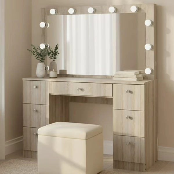 Ember Interiors Get Ready With Me Greige Makeup Vanity Desk with Lighted Mirror, Glass Top & USB/Outlet