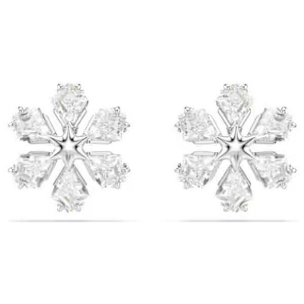 Idyllia stud earrings, Mixed cuts, Snowflake, White, Rhodium plated