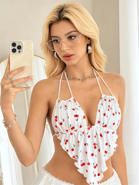 womens solid color halter drawstring backless   camisole - Temu