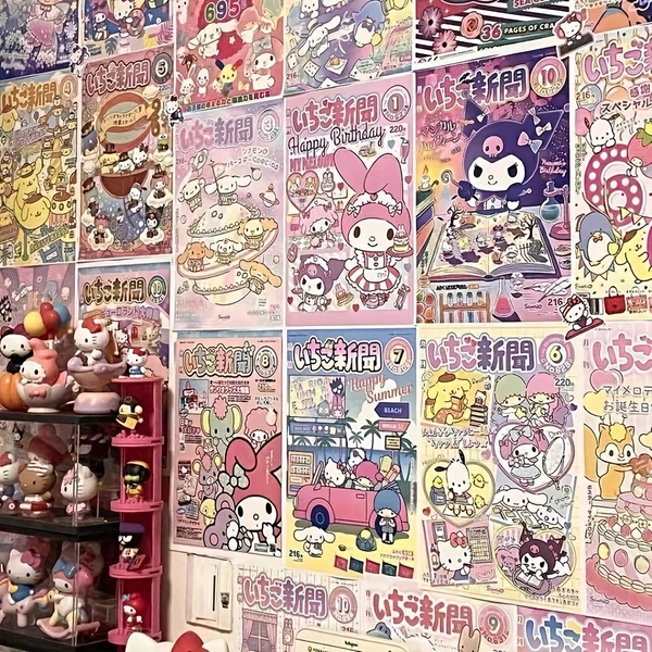 Sanrio 24pcs Hello Kitty Poster Set - Anime Themed Wall Art DIY Room Decor for Living Room, Bedroom, Bathroom, Kitchen Home Decoration, Non-Duplicate