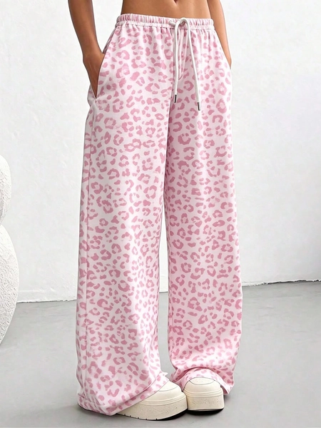 Women's Pink Leopard Print Drawstring Straight Leg Pants, Casual Trousers With Pockets, Stretchy Polyester Fabric