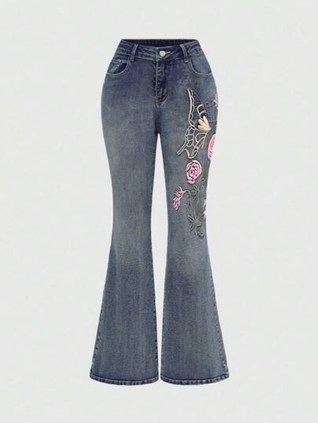 ROMWE Fairycore Y2K Butterfly Embroidery Distressed Low Waist Flare Jeans