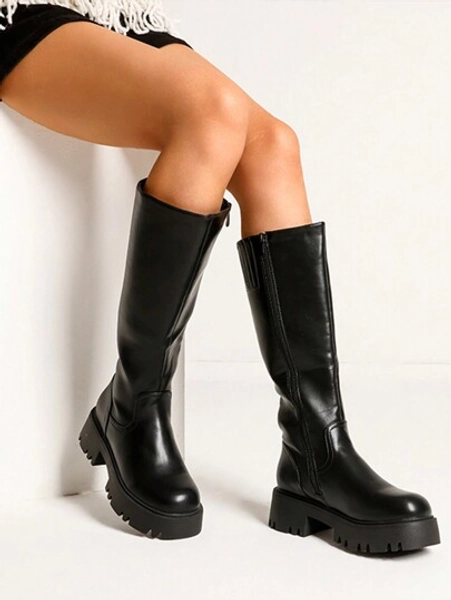 Knee High Boots Women, Comfortable Platform Round-Toe Side Zip Boots For Women
