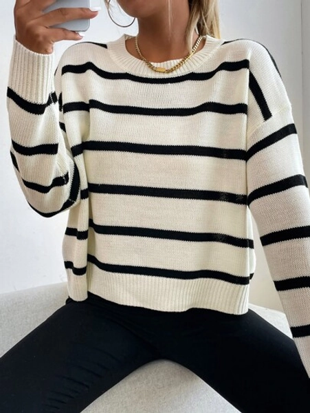 Selenza Women Sports Leisure Round Neck Black And White Striped College Style Sweater Pullover,Long Sleeve Tops Knit Pullover Fall Winter Outfit