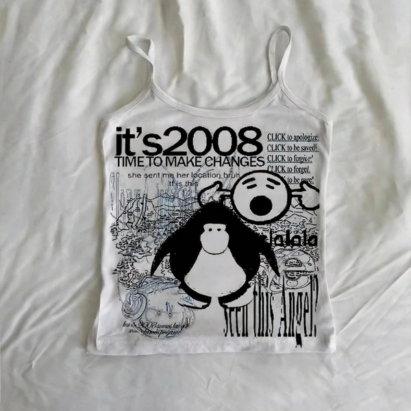 Y2K Retro Comeback 2008 Nostalgic Cartoon Penguin Print White Camisole Top, Spicy Short Inner Layer Outer Wear Fun Text Niche Trendy Brand Top, Wealthy