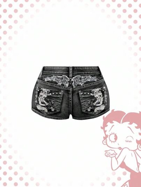 Betty Boop | ROMWE Women's Vintage Millennium Punk Super Low Waist Super Short Embroidered Denim Shorts