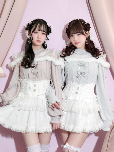 ビジューリボンケーブルオフショルファーニット