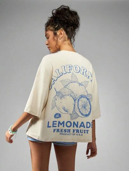 MISSGUIDED Oversized California Fresh Lemonade T-Shirt Summer Casual Fruit Print Graphic Tee Beach Holiday Festival Streetwear Cotton Blend Loose Fit
