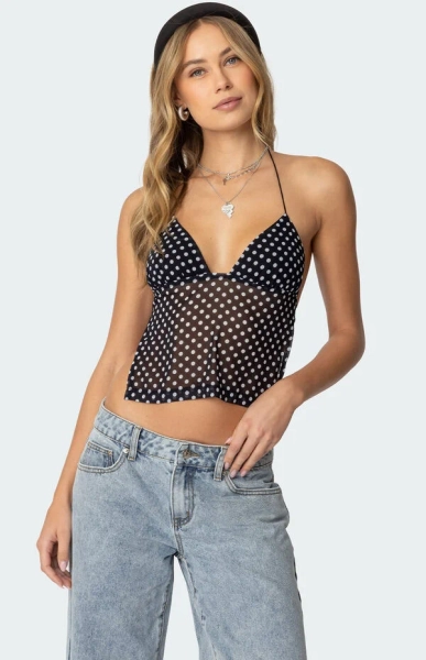 Polka Dot Backless Chiffon Top