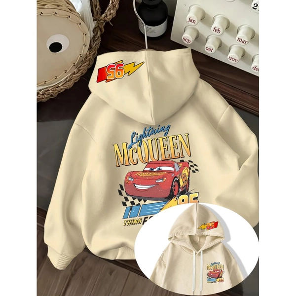 Disney Authorized Attack, New Lightning Mcqueen Cartoon Print Hoodie for Men, Casual Loose Hooded Drawstring Fleece Sweatshirt, Soft And Loose Pullover, with Classic Disney Print, Warm And Comfortable Winter