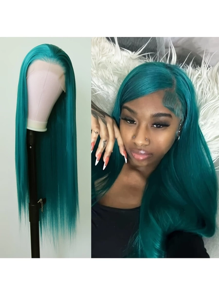 Green Color Hair Lace Front Wigs Synthetic 13x4 Long Silky Straight Heat Resistant Fiber Glueless Frontal Lace Replacement Wig Pre Plucked With Baby Hair Natural Hairline 24 Inches HD Transparent Lace, Gift For Women