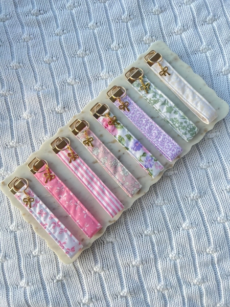 Handmade Fabric Wristlet Keychain with Bow Charm - Lanyard | wristlet keyring | Perfect for Keys and AirPods | Gift for friends and family