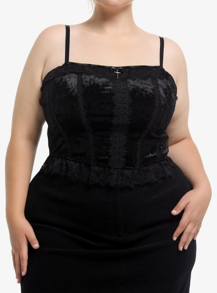 Thorn & Fable Black Velvet & Lace Cross Charm Corset Tank Top Plus Size