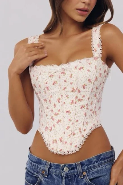House of CB Womens White Rose Print Adina Scallop-Trim Stretch-Cotton Corset Top