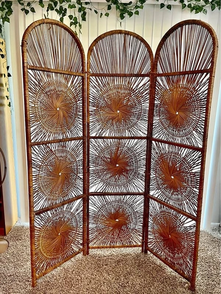 Vintage Sunburst Arched Rattan Wicker Room Divider Partition