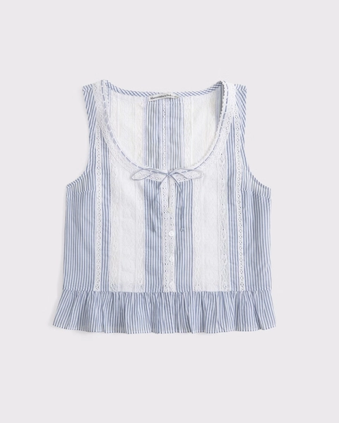 Lace-Trim Tie-Front Ruffle Tank