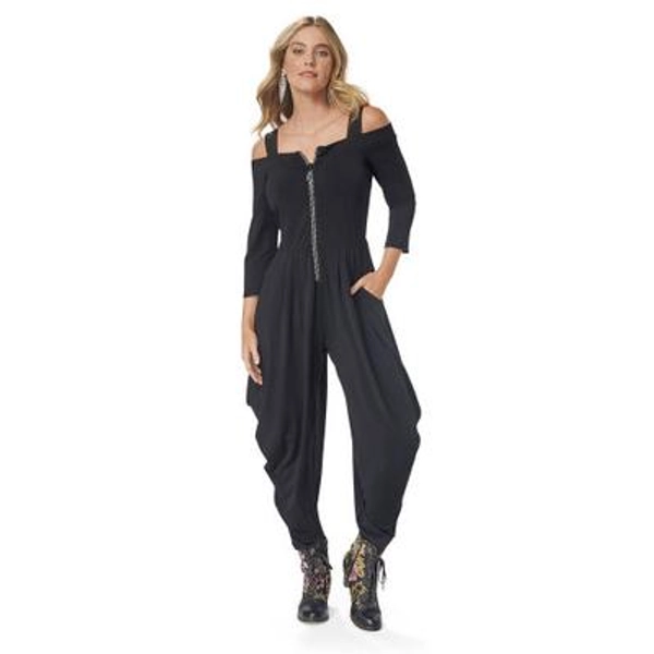Zip Front Cutout Shoulder Jumpsuit, Knit, Rhinestone Zipper, Harem Legs in Black size X-Small by The Pyramid Collection