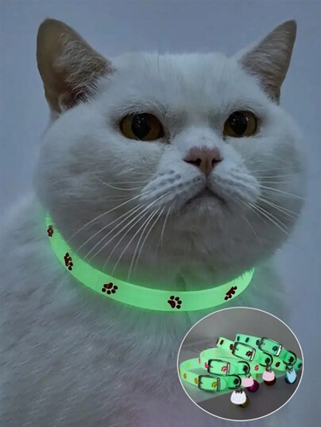 1pc Silicone Paw Print Cute Bell Pendant Durable Adjustable Glow-In-The-Dark Cat Collar, Suitable For Kittens, Chihuahuas, Pets Night Out Walking Camping Glowing Collar - Size Blue