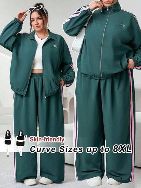 SHEIN CURVE+ 2pcs Plus Size Women Green Striped Woven Jacket And Pants Sports Suit, Casual Tracksuit Y2k