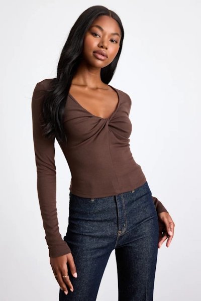 Firona Brown Jersey Knit Twist-Front Long Sleeve Top