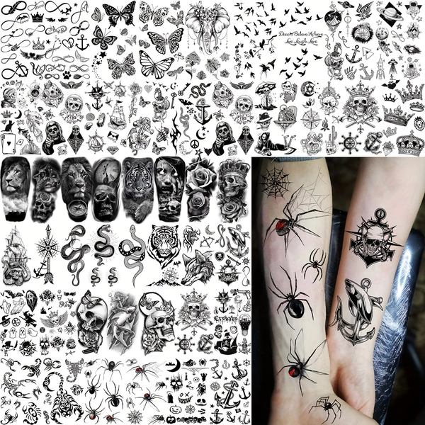 48 Sheets Trendy Cool Skull Spider Ghost Temporary Tattoos for Men Women Halloween Costume Arm Hand Neck Fake Tattoo Sticker Waterproof Long Lasting Realistic Anchor Snake Scorpion Birds Butterfly Tatoos Body Decals